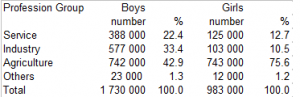 According to SSI data in 1999 the distribution according to sex and profession in 12-19 age group
